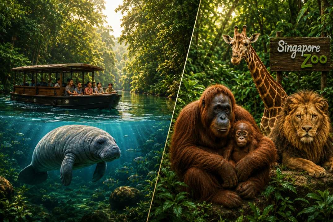 Split image showing manatee underwater with boat above and Singapore Zoo animals including orangutan, giraffe and lion with l